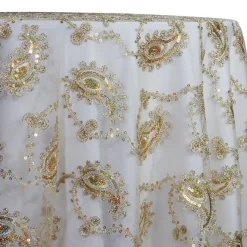 Cocoa Paisley Embroidery Table Linen in Champagne