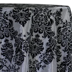 Damask Flocking Taffeta Table Linen in Black on Silver