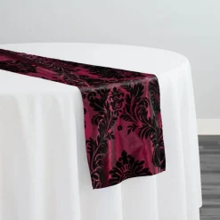 Damask Flocking Taffeta Table Runner in Black on Burgundy
