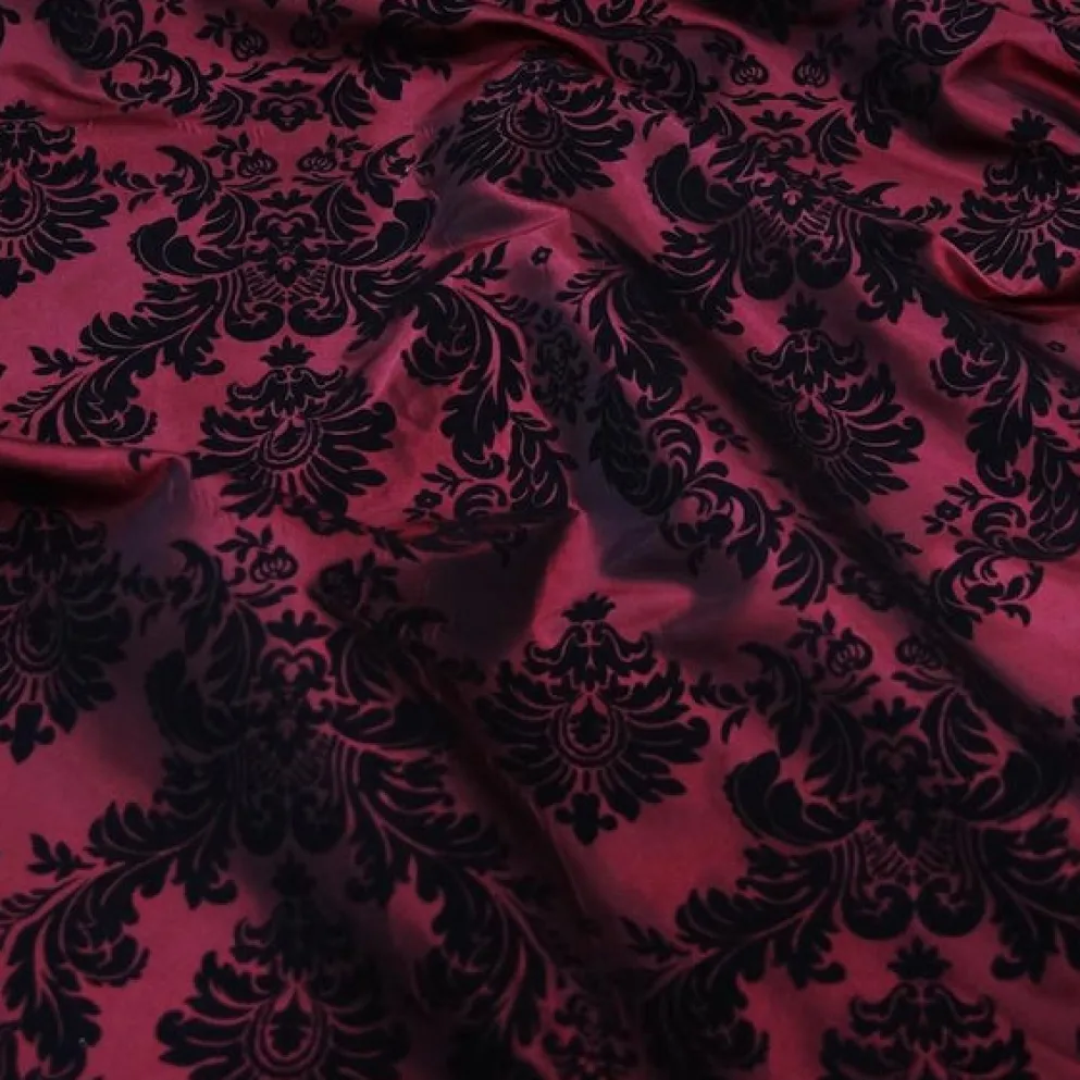 Damask Flocking Taffeta Table Runner in Black on Burgundy