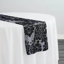 Damask Flocking Taffeta Table Runner in Black on Silver