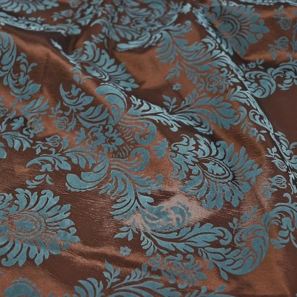 Damask Flocking Taffeta Table Runner in Turquoise on Brown