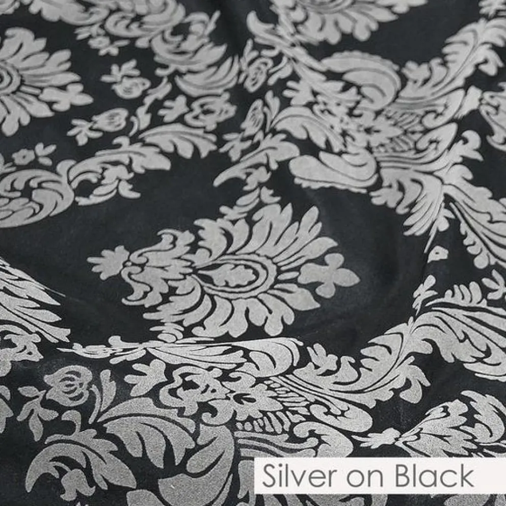 Damask Flocking Taffeta Table Runner in Silver on Black