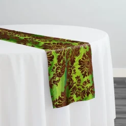 Damask Flocking Taffeta Table Runner in Brown on Olive
