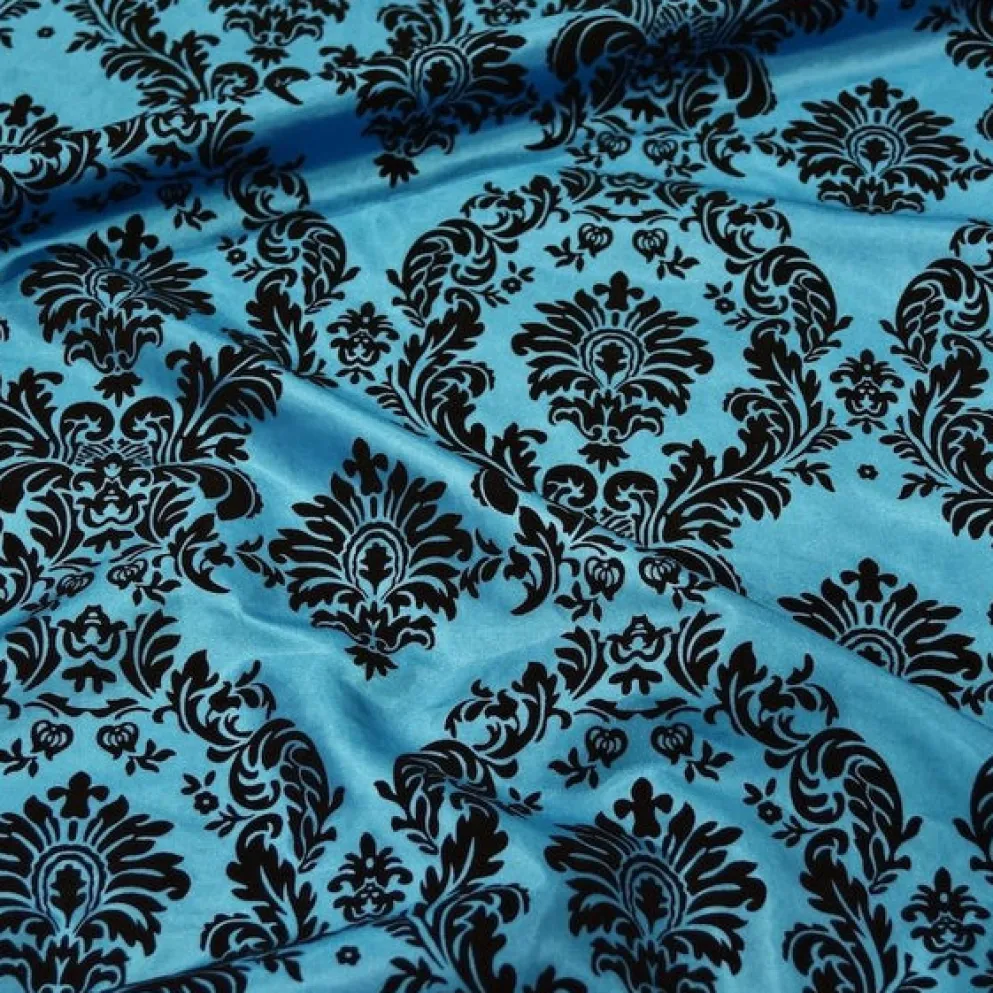 Damask Flocking Taffeta Table Runner in Black on Turquoise