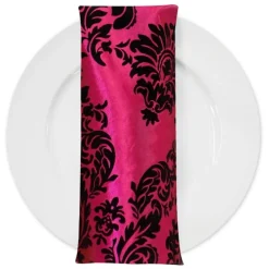 Damask Flocking Taffeta Table Napkin in Black on Fuchsia