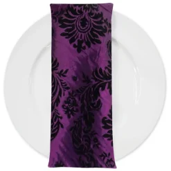 Damask Flocking Taffeta Table Napkin in Black on Plum