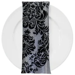 Damask Flocking Taffeta Table Napkin in Black on Silver