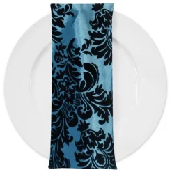 Damask Flocking Taffeta Table Napkin in Black on Turquoise