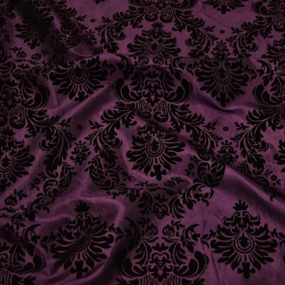Damask Flocking Taffeta Table Runner in Black on Plum