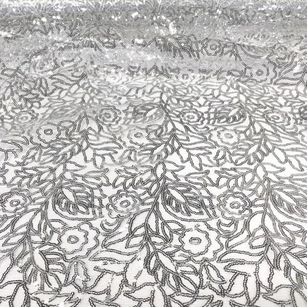 Fiori Leaf Sequins Table Runner in Silver