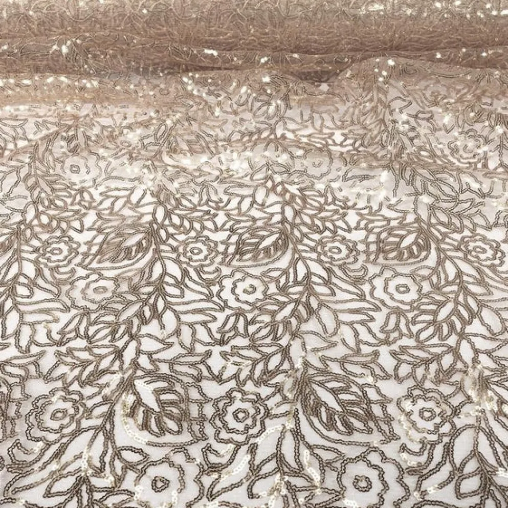 Fiori Leaf Sequins (w/ Poly Lining) Table Napkin in Champagne