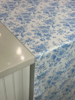 French Toile (Poly Print) Table Linen in Lt Blue