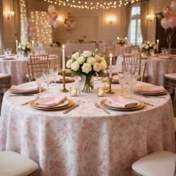 French Toile (Poly Print) Table Linen in Dusty Rose