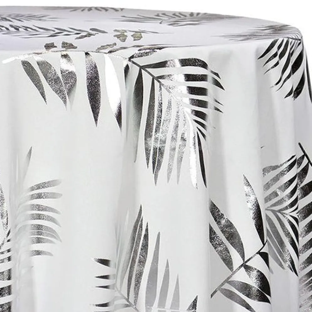 Leaf (Metallic Print) Table Linen in White and Silver