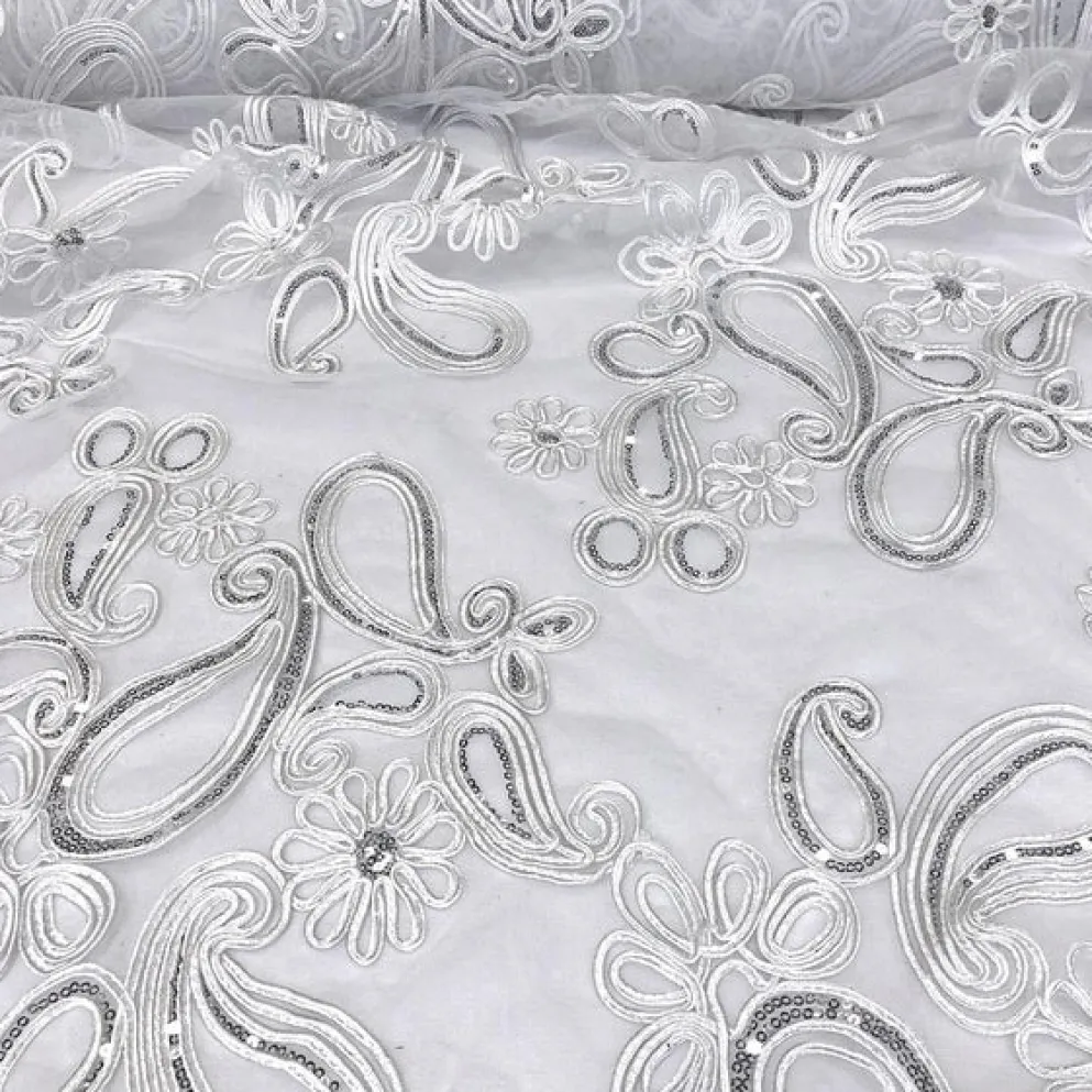 Paisley Floret Sequins Table Linen in White