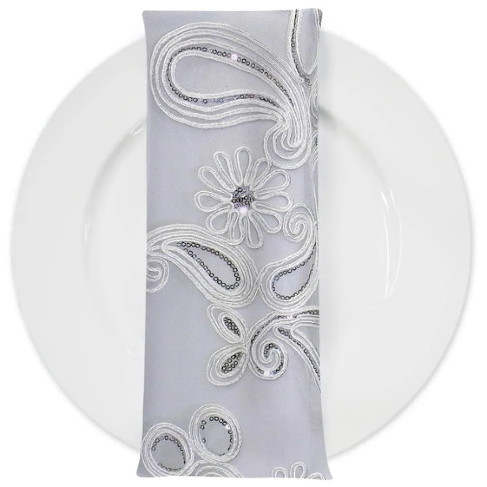 Paisley Floret Sequins (w/ Poly Lining) Table Napkin in White