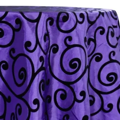 Swirl Flocking Taffeta Table Linen in Black on Purple