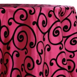 Swirl Flocking Taffeta Table Linen in Black on Fuchsia