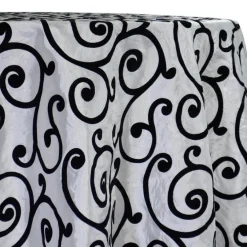 Swirl Flocking Taffeta Table Linen in Black on Ivory