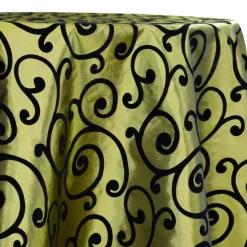 Swirl Flocking Taffeta Table Linen in Black on Olive