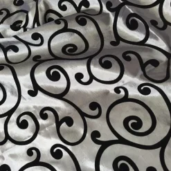 Swirl Flocking Taffeta Table Linen in Black on Silver