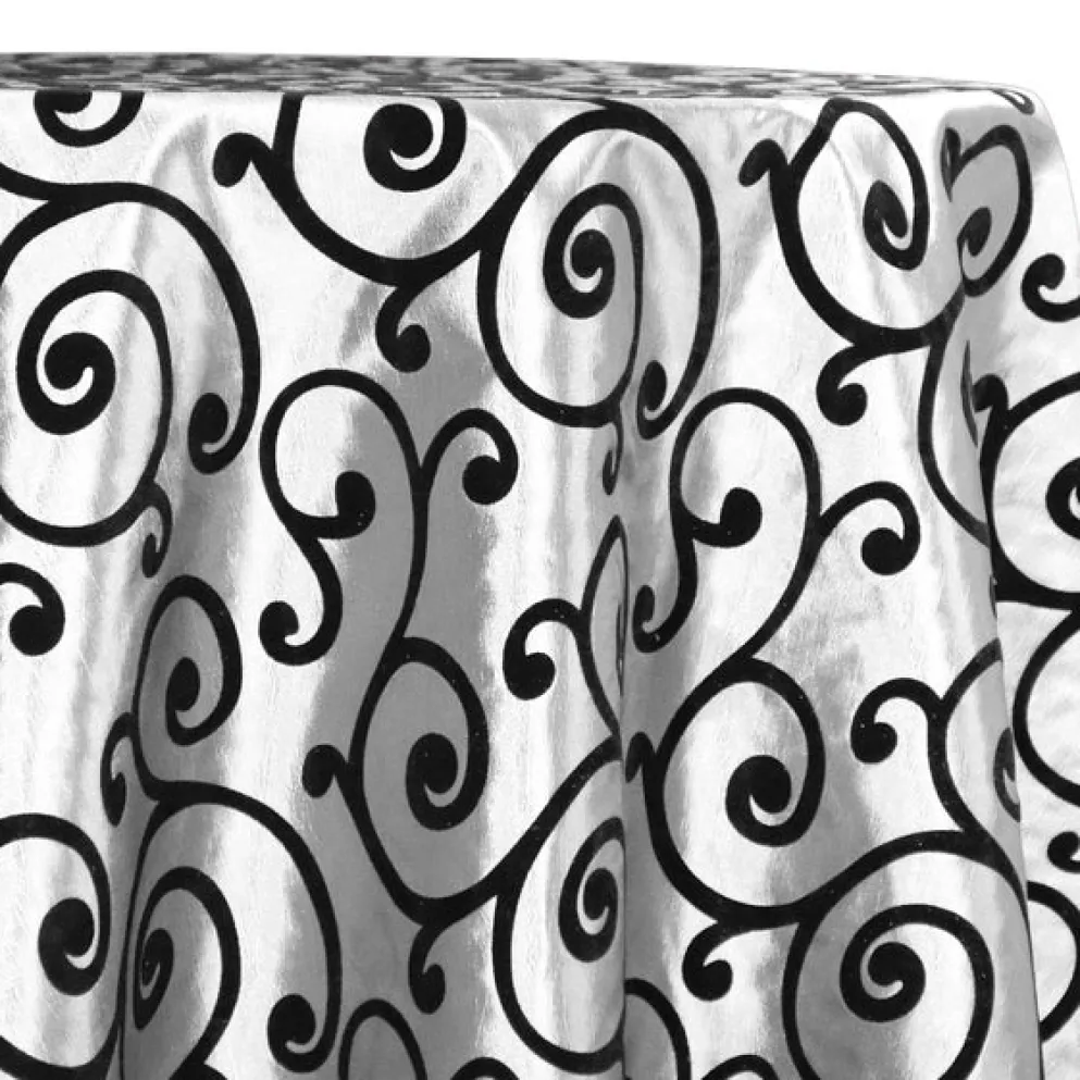 Swirl Flocking Taffeta Table Linen in Black on White
