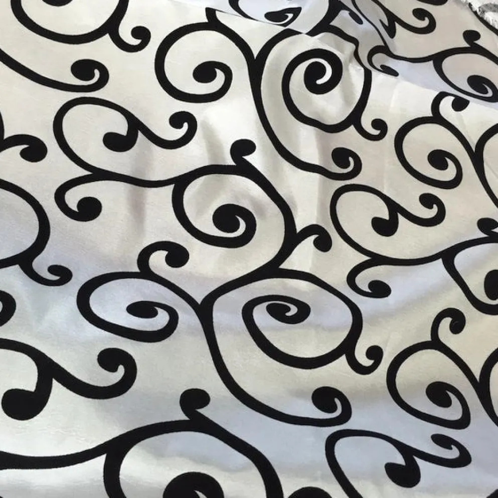 Swirl Flocking Taffeta Table Linen in Black on White