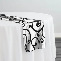 Swirl Flocking Taffeta Table Runner in Black on White