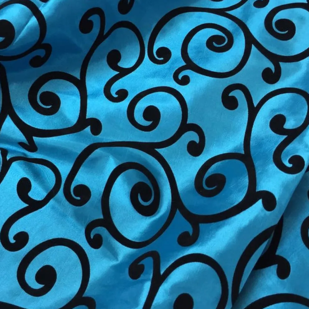 Swirl Flocking Taffeta Table Runner in Black on Turquoise