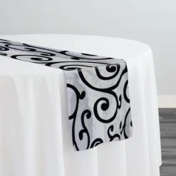 Swirl Flocking Taffeta Table Runner in Black on Ivory