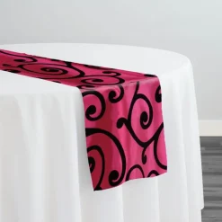 Swirl Flocking Taffeta Table Runner in Black on Fuchsia