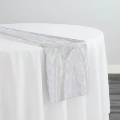 Swirl Flocking Taffeta Table Runner in White on White
