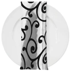 Swirl Flocking Taffeta Table Napkins in Black and White