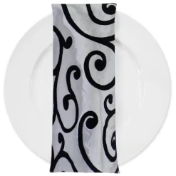 Swirl Flocking Taffeta Table Napkins in Black and Ivory
