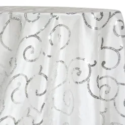 Swirl Sequins Taffeta Table Linen in Silver and White