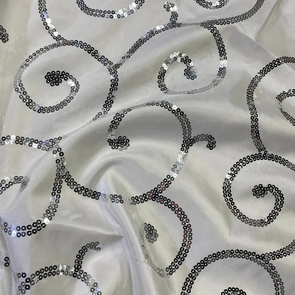 Swirl Sequins Taffeta Table Runner in Silver and White
