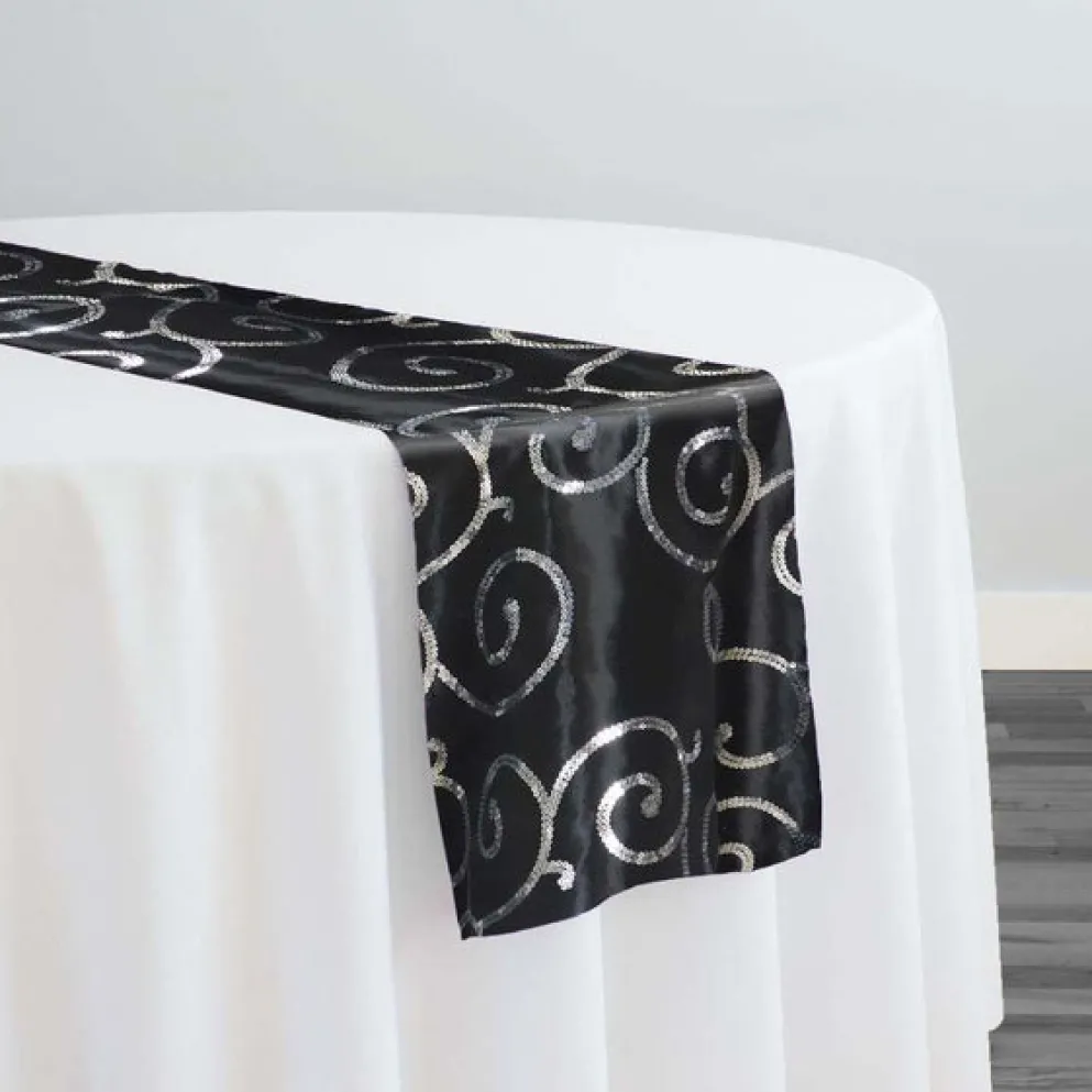 Swirl Sequins Taffeta Table Runner in Silver and Black