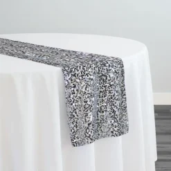 Taffeta Sequins Table Runner in Silver on White